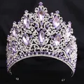 Detailed macro view of luxury bridal crown with purple crystals and leaf rhinestones - Silver (White and Purple Stone)