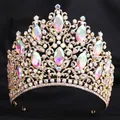Detailed view of luxury European bridal crown with iridescent crystals and gold leaves. - KC Gold (Full AB Rhinestone)