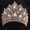 Detailed view of luxury pink crystal bridal tiara with elegant leaf rhinestone patterns - KC Gold (White and Light Pink Rhinestone)