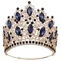 Intricate detail of a luxurious European bridal crown with blue crystals and gold leaf motifs - KC Gold (White and Dark Blue Stone + Adjustable)