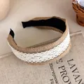 Bohemian straw woven headband with white lace detail for vacation style. - 28124C