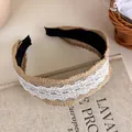 Bohemian style jute woven wide headband featuring a delicate white lace overlay design - 28124B