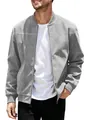 Men's grey faux suede bomber jacket with front zipper and ribbed cuffs for autumn - Blue Gray