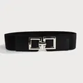 Close-up of a wide black elastic belt with a stylish silver interlocking square buckle - Silver Buckle Black / 65cm