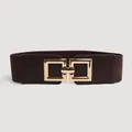 Macro view of brown elastic waist belt featuring a decorative gold interlocking square buckle - Brown / 65cm