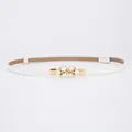 Elegant white thin genuine leather belt with pearl flower buckle for women's dresses - 6 Pearls Style / 45-95cm / White