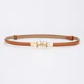 Elegant brown cowhide leather skinny belt with decorative pearl and rhinestone buckle - 6 Pearls Style / 45-95cm / Camel