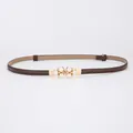 Elegant dark brown skinny leather belt for women with a decorative pearl buckle - 6 Pearls Style / 45-95cm / Coffee