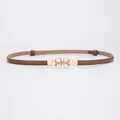 Elegant thin brown cowhide leather belt with decorative pearl flower buckle accessory - 6 Pearls Style / 45-95cm / Caramel color