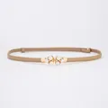 Slim camel cowhide leather belt with elegant pearl flower buckle for women's dresses - 6 Pearls Style / 45-95cm / Khaki