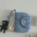 Cute light blue cloth coin purse with cloud patterns and a black knitted bear charm accessory - Blue Rabbit
