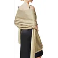 Elegant champagne gold evening shawl featuring metallic silver thread and fringe detail - Thick Style (16) / 180x70cm / Camel Gold