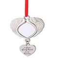 Silver heart-shaped wing sublimation ornament with sentimental heaven quote and red ribbon - Wings Heart Frame with Inscribed Tag (CG003-1)