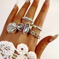 Vintage silver ring set with purple gemstones and geometric chain designs on hand - 5-Piece Bohemian Mix Style (32489-ring-S)