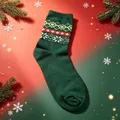 Dark green cotton Christmas sock featuring festive Fair Isle snowflake patterns in red and white - Size 35-40 / Fair Isle Snowflake / Dark Green