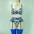 Ensemble de lingerie broderie florale bleue avec porte-jarretelles et bas pour femmes - S / Bleu Saphir