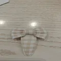 Beige gingham checkered bow BB hair clip for children featuring a scalloped edge - Beige and White Gingham