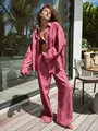 Loose berry pink long sleeve shirt and wide-leg pants two-piece casual lounge set for women - S / Top And Bottom / Watermelon red