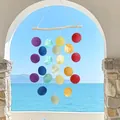 Handmade colorful shell wind chime with natural wood stick and sea view background - Finished Product / Wooden Shore Shell - Rainbow