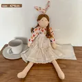 Handmade cloth rag doll with heart pattern dress and bunny ears, 42cm height. - Heart Pattern Puff Sleeve Style