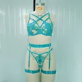 Intricate turquoise floral lace lingerie set with strappy details and garter belt - S / Top And Bottom / Mint Green