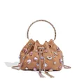 Tan bucket-style evening bag with multi-color crystals and a gold ring handle - PU Leather Gem Style / Brown