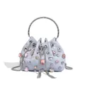 Elegant light blue satin bucket bag with colorful crystals and metallic ring handle - PU Leather Gem Style / Grey Blue