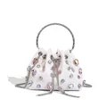Elegant white rhinestone bucket evening bag with circular metal handle and tassels - PU Leather Gem Style / White