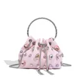 Elegant pink bucket evening bag embellished with colorful crystals and silver ring handle - PU Leather Gem Style / Pink