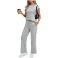 Casual gray lounge set with short sleeve pocket top and wide leg pants for women - S / Light Gray