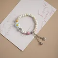 Handmade Jingdezhen ceramic beaded bracelet with cute cat paw and fortune charm - Blue Paw (1001-02) / Off White