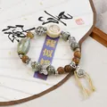 Vintage style ceramic and wood beaded bracelet with traditional Chinese charms - Full Lucky Bag (1011-02) / Bean Green