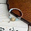 Vintage Jingdezhen ceramic bracelet with blue beads and silver butterfly charm for women - 1097-03 Lanyue Style