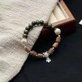 Vintage style ceramic and wood beaded bracelet with silver turtle and lotus charms - 1098-04 Guzhi Style