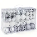 100-piece silver and white Christmas ball ornament set in a clear gift box with handle - 100pcs Pack / White Silver