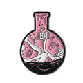 Creative pink chemistry flask enamel pin featuring a reading figure and scientific atoms - QHXZ3821