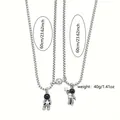 Magnetic astronaut couple necklace set with 60cm silver box chains and charms - Round Style / K9 / Silver