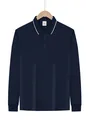 Vorderansicht des dunkelblauen Langarm-Poloshirts mit weißem Kragenrand auf einem Holzbügel - XS / Oberteile / Marineblau