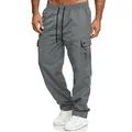 Vista detallada de pantalones cargo grises para hombre con cordón y bolsillos. - XS / Bottoms / Gris