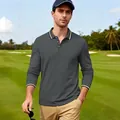 Polo da golf grigia classica a maniche lunghe da uomo con dettagli a righe a contrasto - Grigio scuro