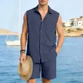 Breathable navy blue sleeveless linen beach shirt and shorts set for men in summer - Navy Blue