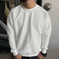 Close-up of men's white crewneck sweater featuring a textured jacquard checkerboard pattern - S / Tops / White