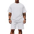 Completo sportivo estivo da uomo bianco con motivo jacquard a scacchi, t-shirt e shorts - S / Top E Pantaloni / Bianco