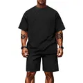 Completo sportivo da uomo con t-shirt nera jacquard a scacchi e pantaloncini. - S / Top E Pantaloni / Nero