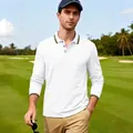 Caucasian male model wearing a white long-sleeve performance golf polo shirt on a lush golf course - S / Tops / White