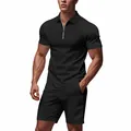 Detail view of men's black waffle knit polo shirt and shorts set for summer casual wear. - M / Top And Bottom / Black
