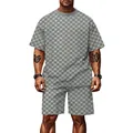 Completo sportivo grigio da uomo con motivo a scacchi, maglietta a maniche corte e shorts - S / Top E Pantaloni / Grigio