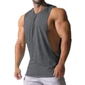 Detail side view of men's deep-cut athletic gym tank top showing muscle and fit - Dark Gray