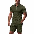 Close-up of olive green waffle knit fabric on men's summer Polo shirt and shorts casual set - M / Top And Bottom / Army Green