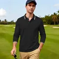 Close-up lifestyle view of men's black long-sleeve golf polo shirt on a green field - S / Tops / Black